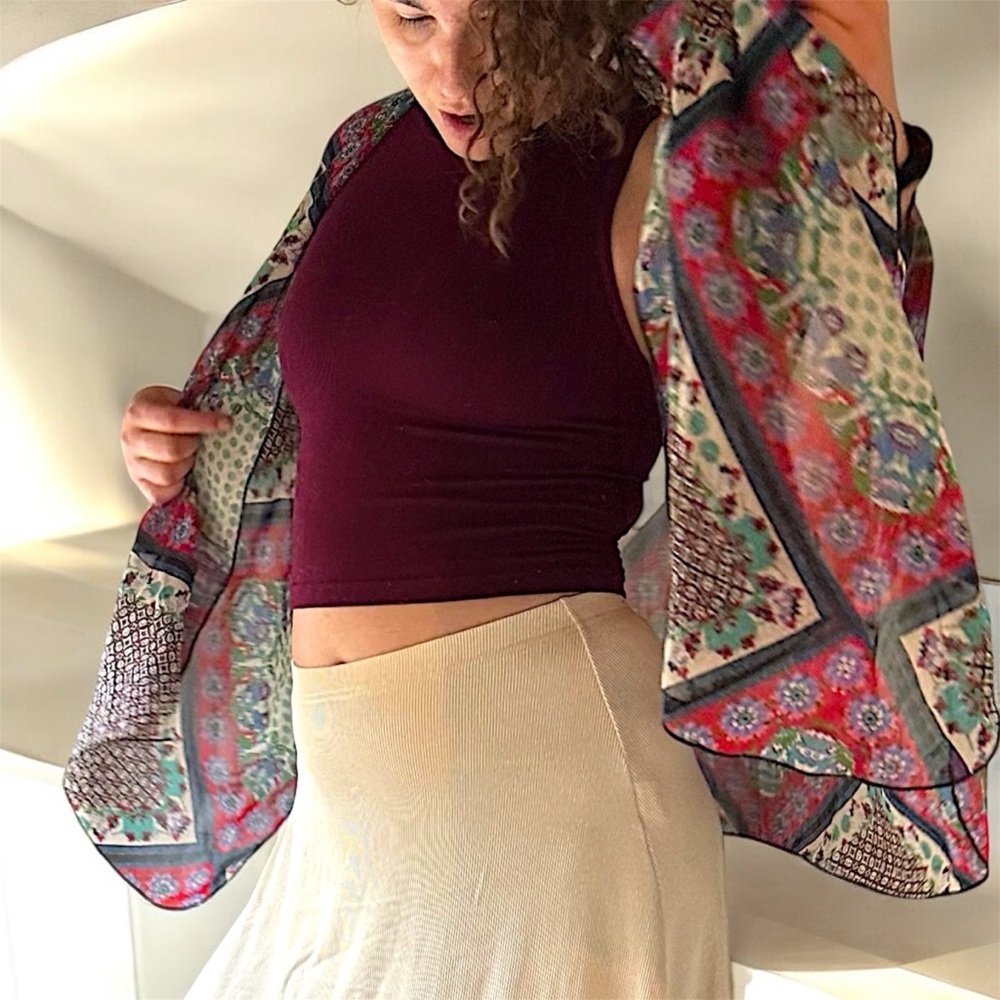 Band of Gypsies Colorful Kimono Patchwork  Geometric 3/4 Sleeve Asymmetric Boho - Picture 5 of 6